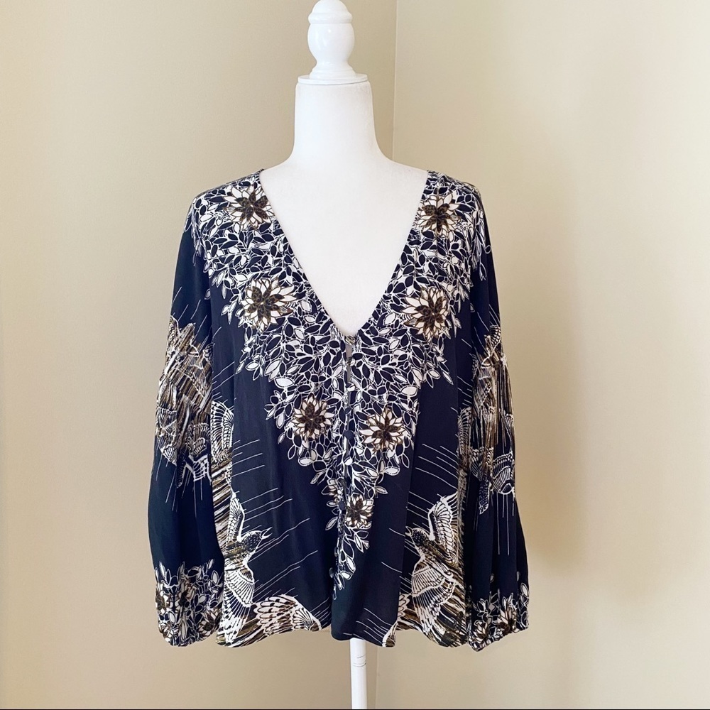 Free People Birds of a Feather Balloon Sleeve Blouse - Small